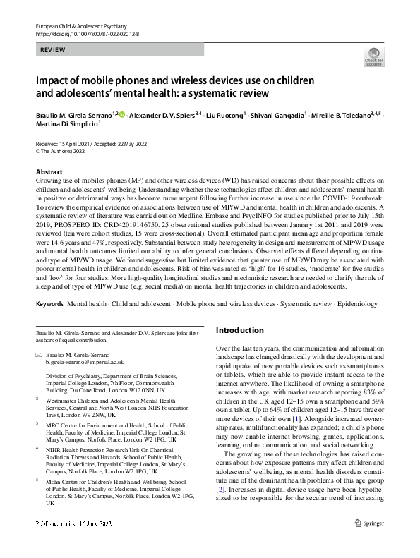 (PDF) Impact of mobile phones and wireless devices use on children and ...