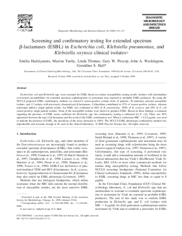 (PDF) Screening and confirmatory testing for extended spectrum βlactamases (ESBL) in