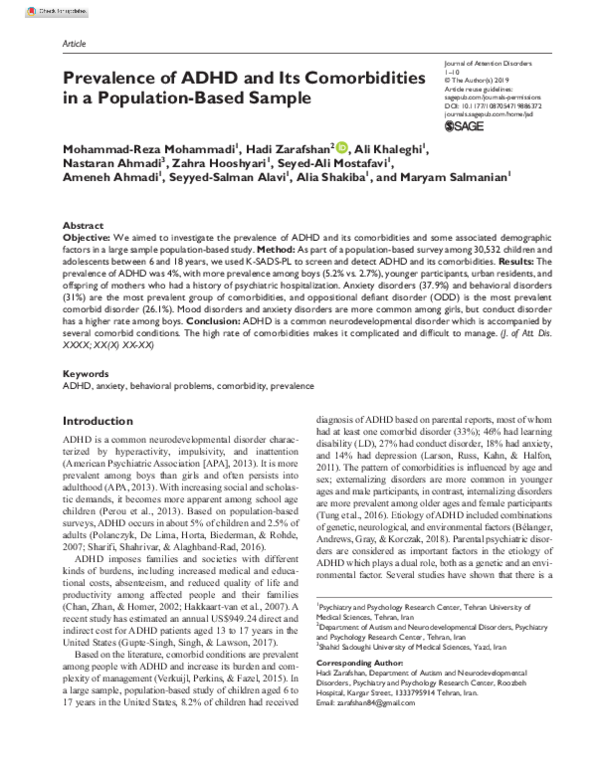  pdf prevalence of adhd and its comorbidities in a population based sample