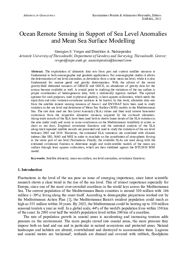 (PDF) Ocean Remote Sensing in Support of Sea Level Anomalies and Mean ...
