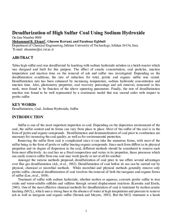 (PDF) Desulfurization of High Sulfur Coal using Sodium Hydroxide