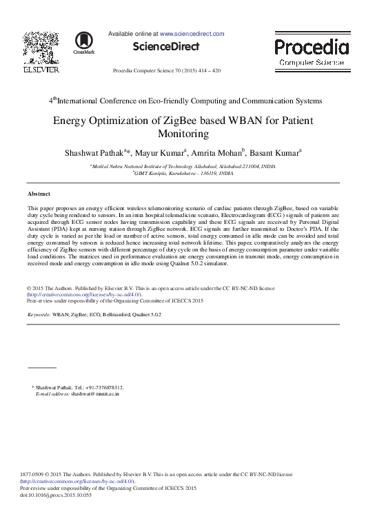 (PDF) Energy Optimization of ZigBee Based WBAN for Patient Monitoring