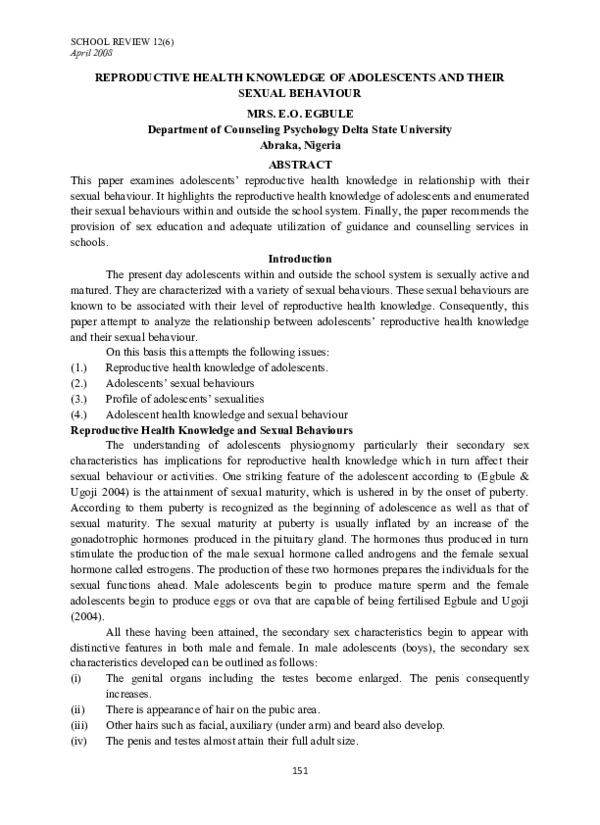 (DOC) . REPRODUCTIVE HEALTH KNOWLEDGE OF ADOLESCENTS AND THEIR SEXUAL ...