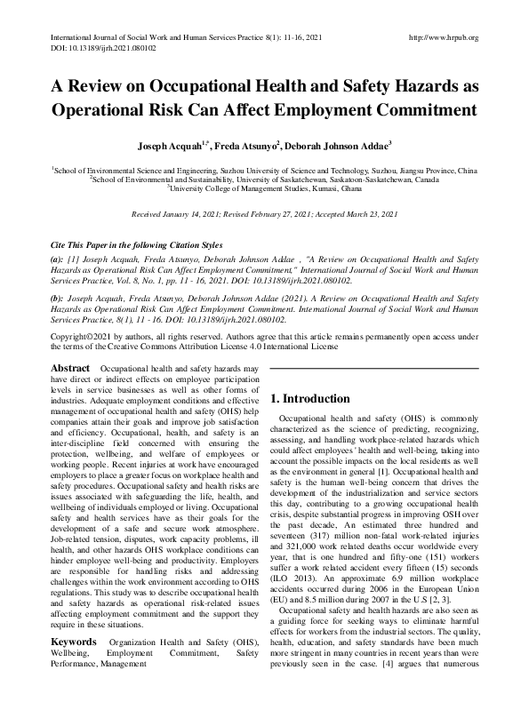 Pdf A Review On Occupational Health And Safety Hazards As Operational Pdf A Review On Occupational Health And Safety Hazards As Operational