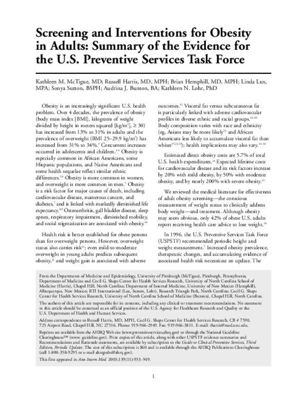(PDF) Screening and Interventions for Obesity in Adults: Summary of the ...