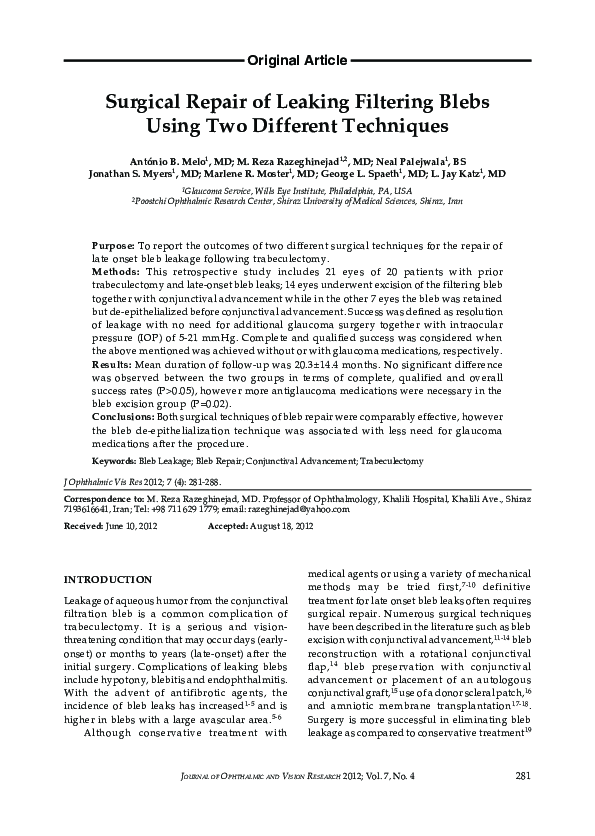 (PDF) Surgical repair of leaking filtering blebs using two different