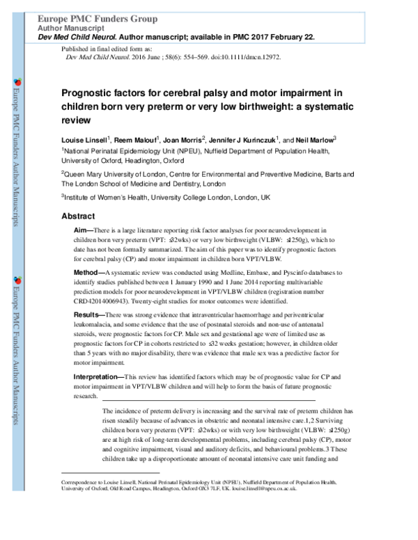 (PDF) Prognostic factors for cerebral palsy and motor impairment in ...