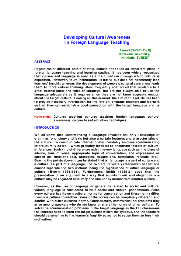 (PDF) Developing Cultural Awareness in Foreign Language Teaching