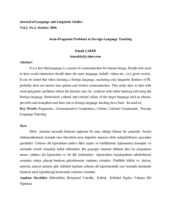 (PDF) Socio-Pragmatic Problems in Foreign Language Teaching