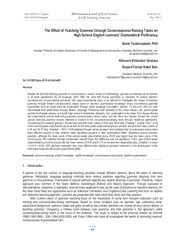 (PDF) The Effect of Teaching Grammar through Consciousness Raising ...