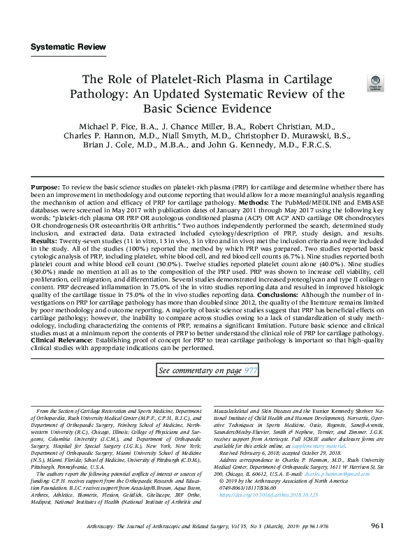 (PDF) The Role of Platelet-Rich Plasma in Cartilage Pathology: An ...
