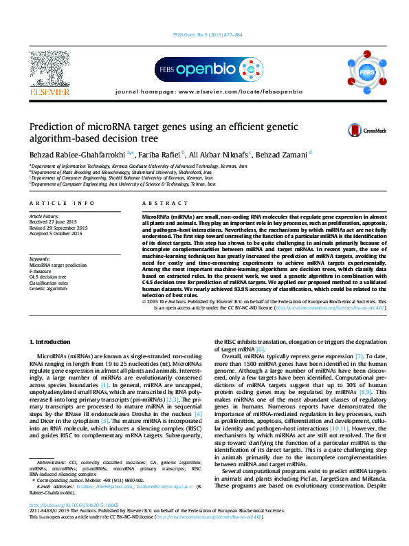 (PDF) Prediction of microRNA target genes using an efficient genetic ...