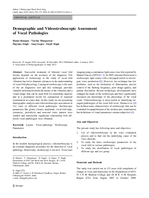 (PDF) Demographic and Videostroboscopic Assessment of Vocal Pathologies