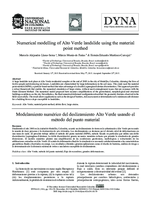 (PDF) Numerical modelling of Alto Verde landslide using the material ...