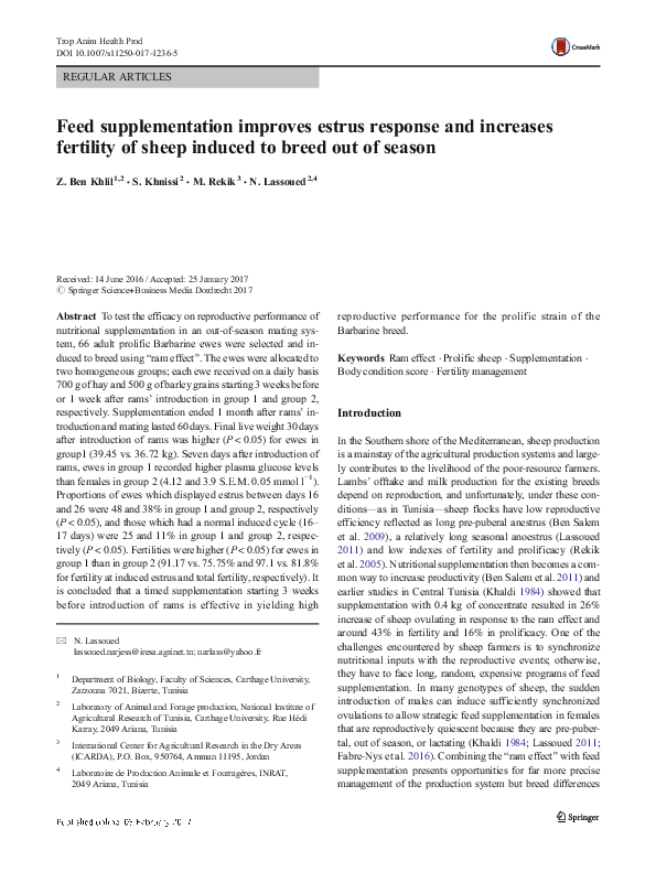 Feed supplementation improves estrus response and increases fertility of sheep induced to breed out of season