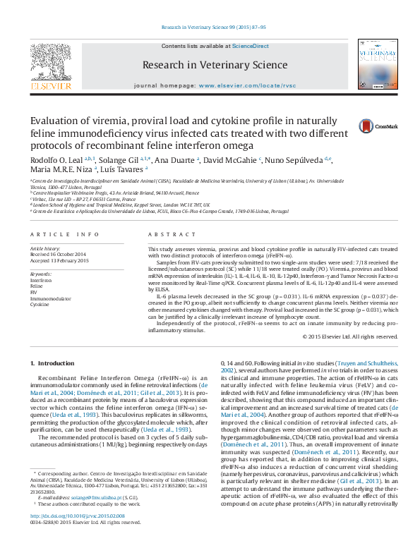(PDF) Evaluation of viremia, proviral load and cytokine profile in naturally feline ... - Feline Immunodeficiency Virus Viremia