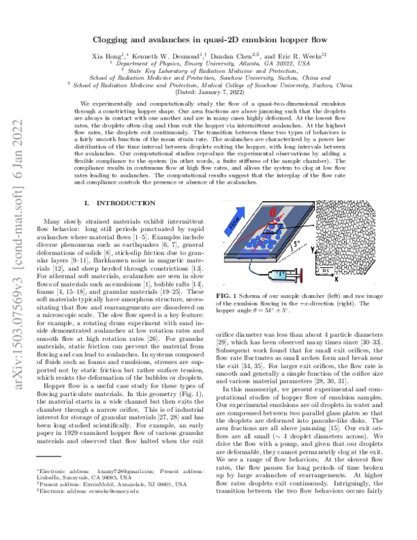 (PDF) Clogging and avalanches in quasi-two-dimensional emulsion hopper flow