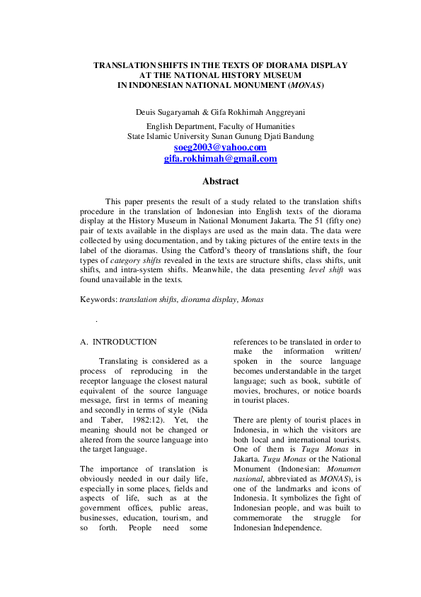 (PDF) Translation Shifts in the Texts of Diorama Display at the ...