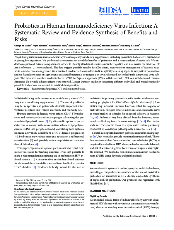 (PDF) Probiotics in HIV Infection A Systematic Review and Evidence