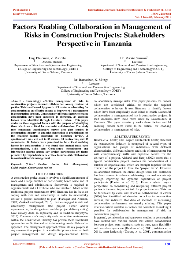 (PDF) Factors Enabling Collaboration in Management of Risks in ...