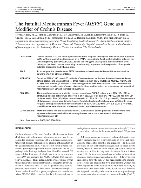 (PDF) The Familial Mediterranean Fever (MEVF) Gene as a Modifier of ...