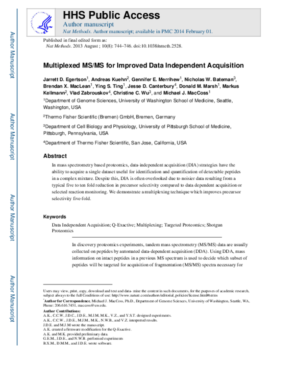 (PDF) Multiplexed MS/MS for improved data-independent acquisition ...