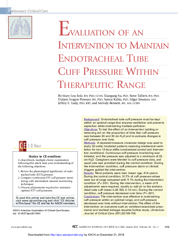 (PDF) Evaluation of an Intervention to Maintain Endotracheal Tube Cuff ...