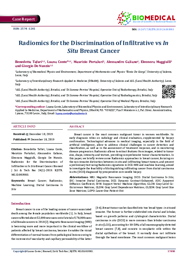 (PDF) Radiomics for the Discrimination of Infiltrative vs In Situ ...