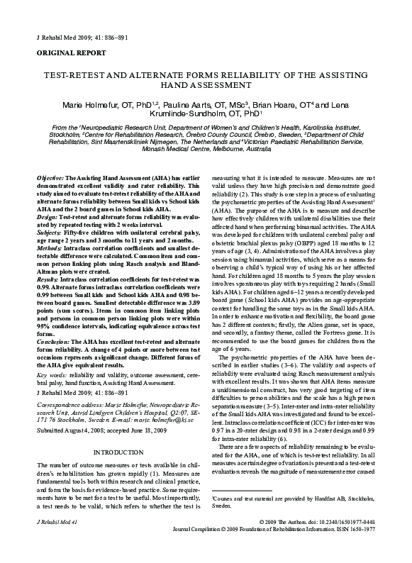  pdf test retest and alternate forms reliability of the assisting hand 
