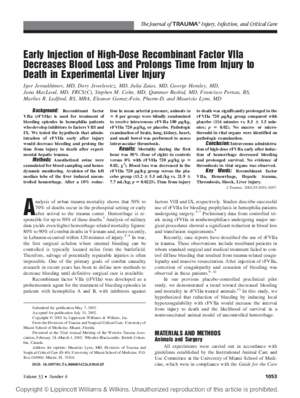 (PDF) Early Injection of High-Dose Recombinant Factor VIIa Decreases ...