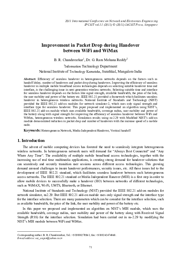 Picture of (PDF) Improvement in Packet Drop during Handover between WiFi and WiMax