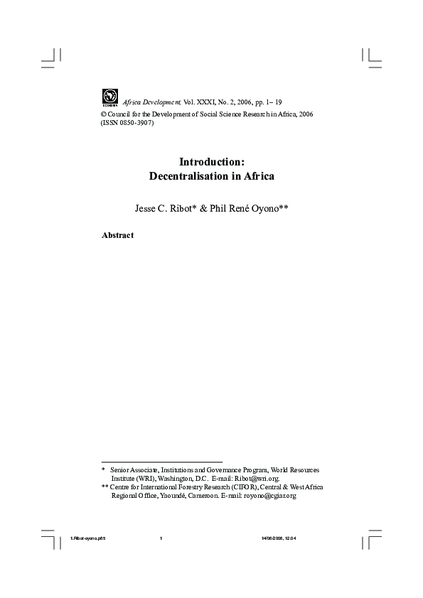 (PDF) Introduction : Decentralisation in Africa