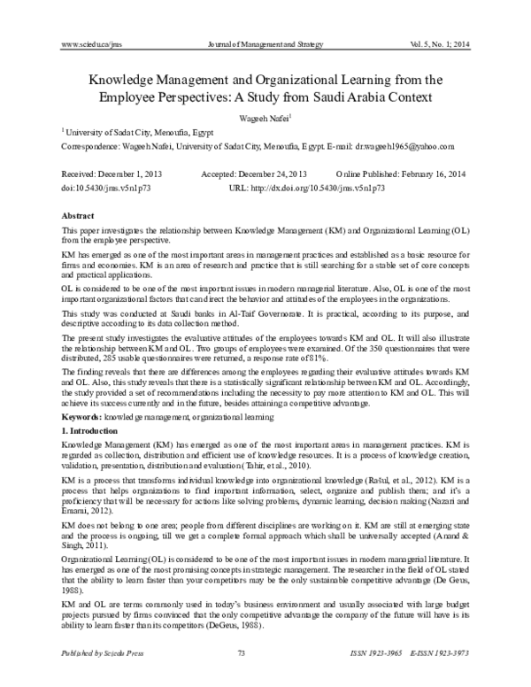 (PDF) Knowledge Management and Organizational Learning from the ...