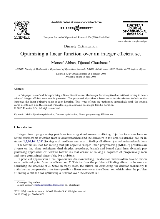 (PDF) Optimizing a linear function over an integer efficient set