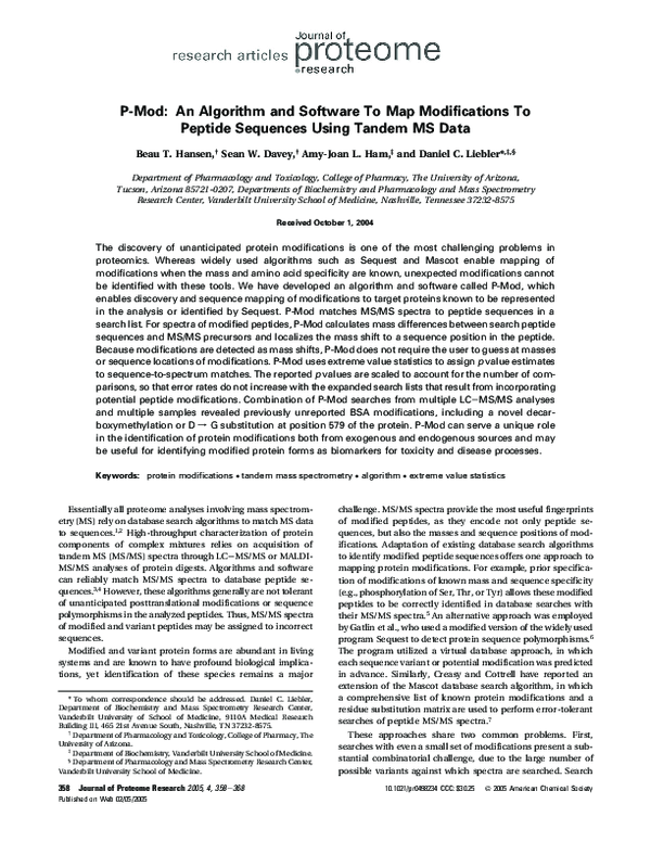 (PDF) P-Mod: An Algorithm and Software To Map Modifications To Peptide ...