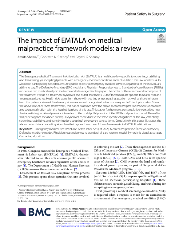 (PDF) Impact of EMTALA on Medical Malpractice Framework Models A Review Dr. Amrita Shenoy