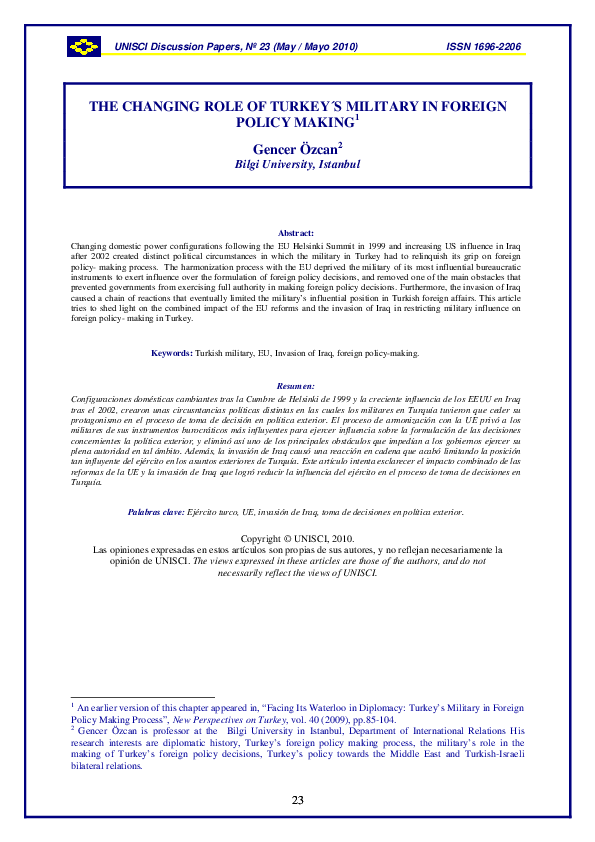 (PDF) The Changing Role of Turkey´s Military in Foreign Policy Making