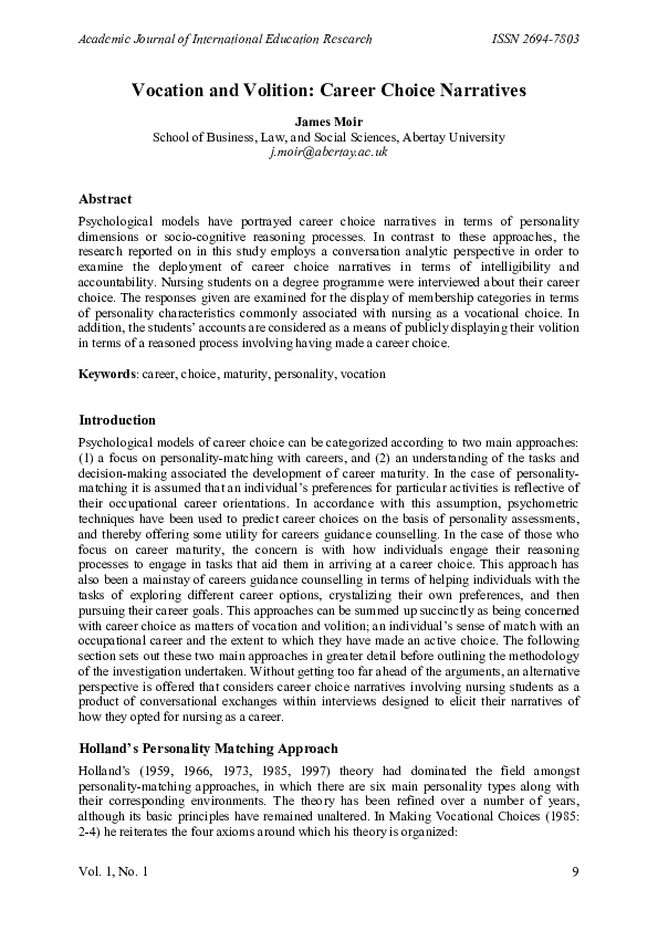 (PDF) Vocation and volition: career choice narratives