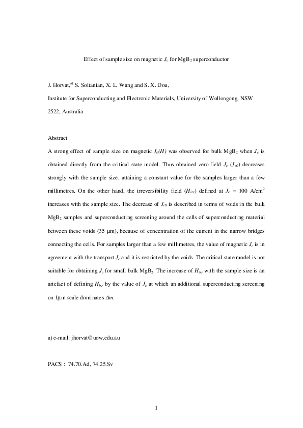 (PDF) The effect of sample size on field dependence of Jc for MgB2 ...