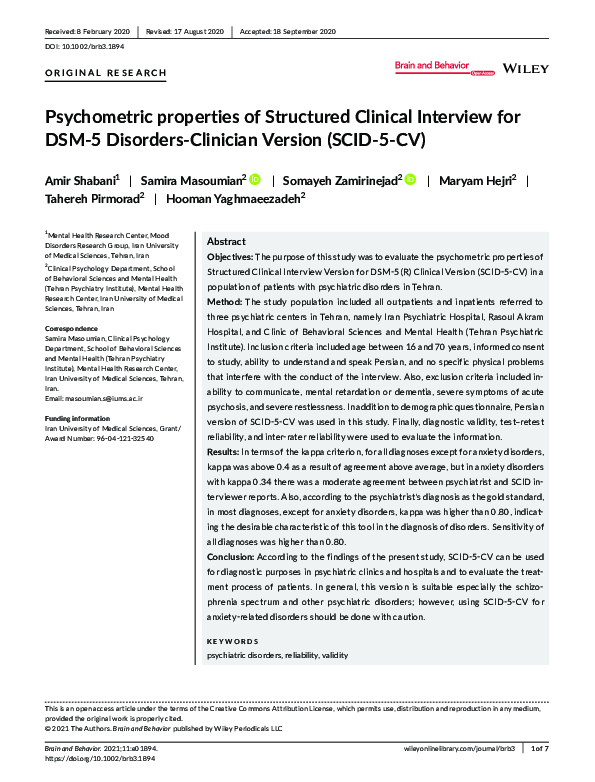 (PDF) Psychometric properties of Structured Clinical Interview for DSM ...