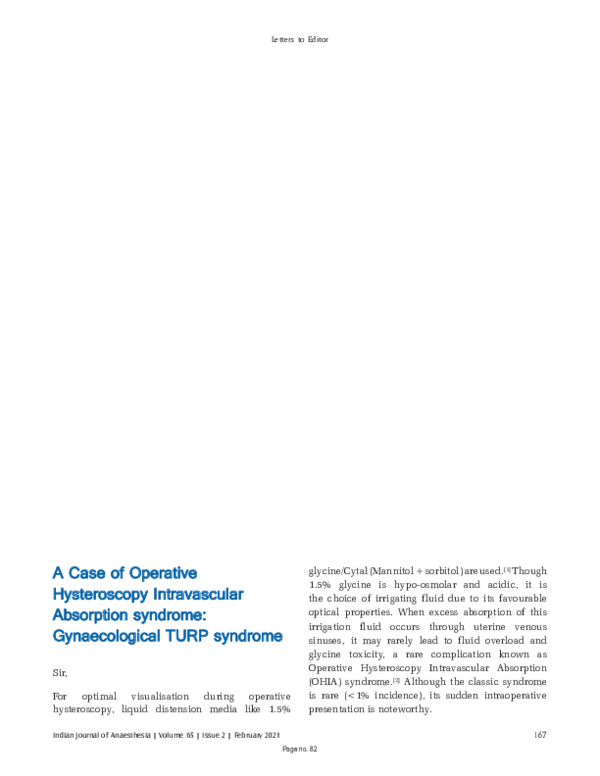 Syndrome De Turp PDF) A Case Of Operative Hysteroscopy Intravascular
