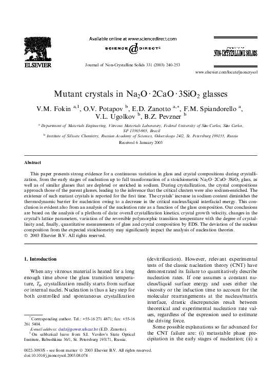 (PDF) Mutant crystals in Na2O·2CaO·3SiO2 glasses Edgar Zanotto