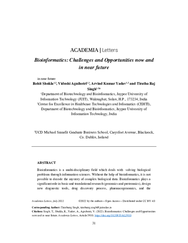 (PDF) Bioinformatics: Challenges and Opportunities now and in near future