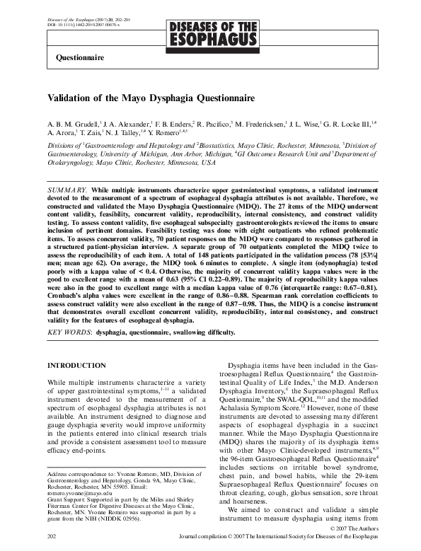 (PDF) Validation of the Mayo Dysphagia Questionnaire