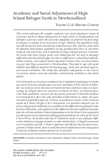 (PDF) Academic and Social Adjustment of High School Refugee Youth in ...