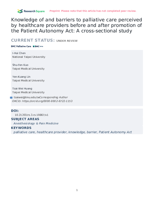 (PDF) Knowledge of and barriers to palliative care perceived by ...
