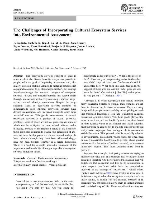 (PDF) The Challenges of Incorporating Cultural Ecosystem Services into ...