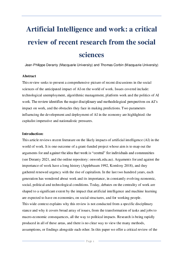 (PDF) Artificial Intelligence and work: a critical review of recent ...