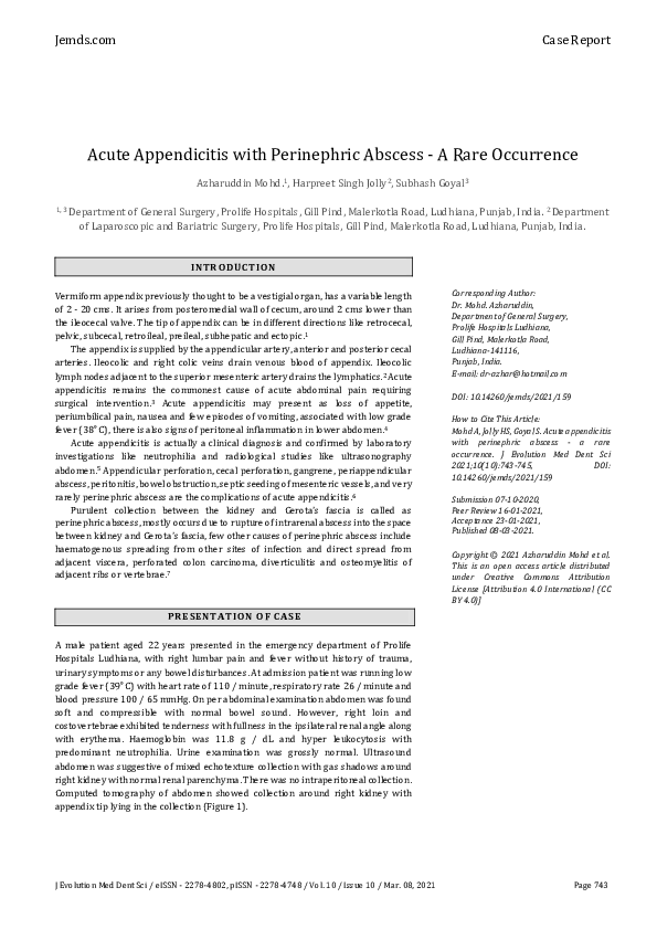 (PDF) Acute Appendicitis with Perinephric Abscess - A Rare Occurrence