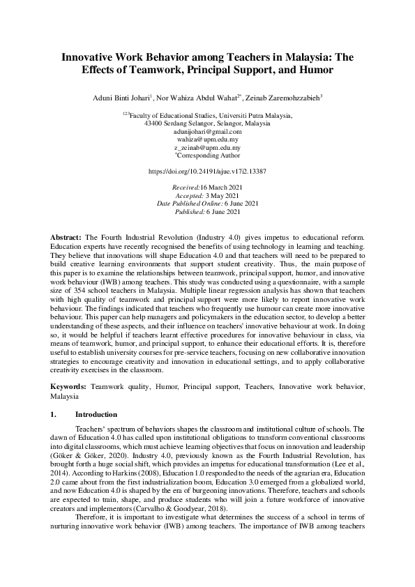 (PDF) Innovative Work Behavior among Teachers in Malaysia: The Effects ...